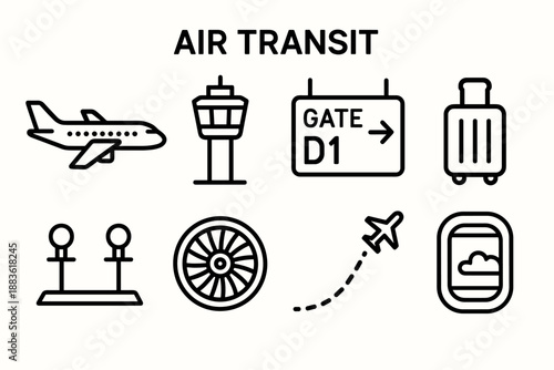 Air Travel Icons. Air Transit set in outline vector style: airplane silhouette, control tower, boarding gate sign, luggage, runway lights, jet engine, flight path curve, window view