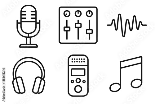 Audio Equipment Icons. Recordingset in outline vector style Studio Mic, Mixer, Audio Wave, Headphones, Recorder, Music Note