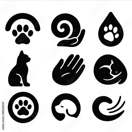 Pet Comfort Icons. Comforting Pet Bond icon set in silhouette bold style. Contain gentle paw arc, calming fur swirl, supportive hand shape, soothing droplet,
