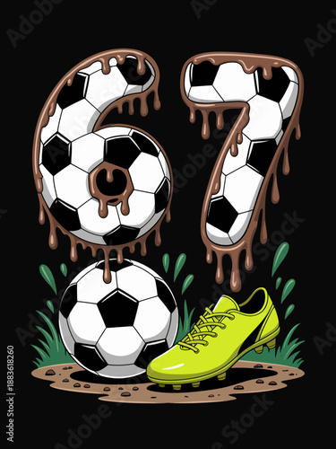 Soccer balls form the number 67, with a melting effect. A bright yellow soccer shoe is set against a grass background.