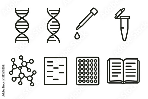 Molecular Biology Icons. Molecular Biologist set in outline vector style: DNA helix, RNA strand, pipette, centrifuge tube, protein structure icon, gel electrophoresis band, microplate, lab notebook