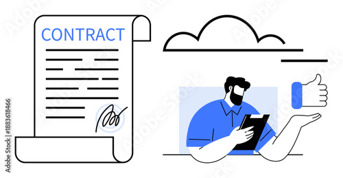 Contract management, digital signatures, online documentation, business approvals, legal processes, cloud communication. Contract paper, digital signature, man with tablet and thumbs-up icon