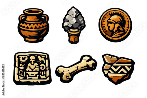 Ancient Artifact Icons. Ancient artifacts icon set in silhouette bold style. Contain clay pot, stone tool, bronze coin, carved tablet, fossil bone, artifact fragment