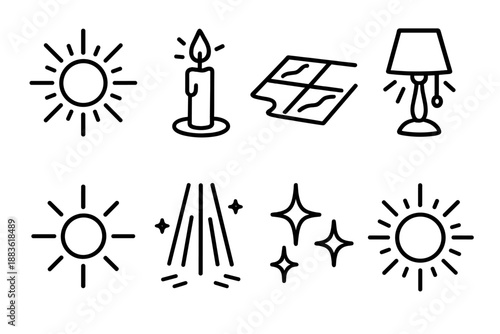 Cozy Glow Icons. Quiet Haven Atmosphere set in outline vector style : ambient glow orb, candlelight beam, floor reflection, shadow tile, lamp glow, light aura, highlight beam, cozy shimmer