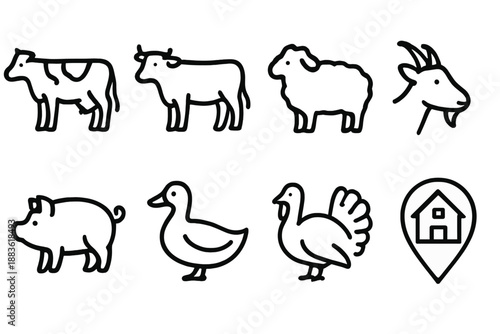 Farm Animal Icons. Farm Animal Breeds set in outline vector style: dairy cow, beef cattle icon, wool sheep, goat horns, pig outline, duck silhouette, turkey icon, farmhouse marker