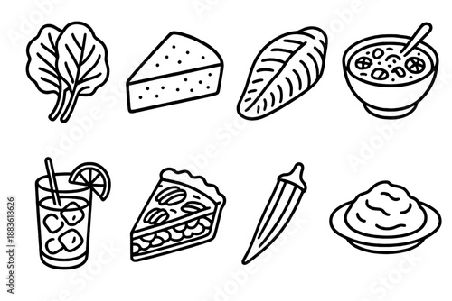 Southern Cuisine Icons. Southern American Food set in outline vector style: collard greens, cornbread wedge, catfish fillet, gumbo bowl, sweet tea glass, pecan pie slice, okra pod, mashed potatoes