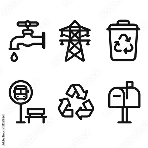 Utility Icons Collection. Public Services utilities set in outline vector style: water tap, power line, waste bin, recycling symbol, bus stop, mail box