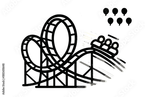 Thrilling Roller Coaster Ride. Twisting Tracks set in outline vector style : coaster in motion, looping rails, glowing ride cars, soft shadow sweep, ambient