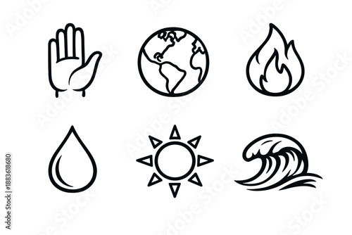 Elemental Icon Grid. Impactset in outline vector style Hand, Earth, Fire, Water Drop, Sun, Wave