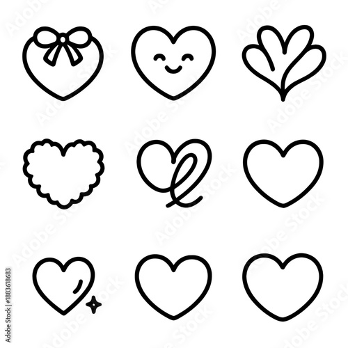 Heart Motif Icons. Cute Heart Motifs set in outline vector style : tiny bow heart, blushing heart, curled ribbon heart, blooming petal heart, puffball heart,
