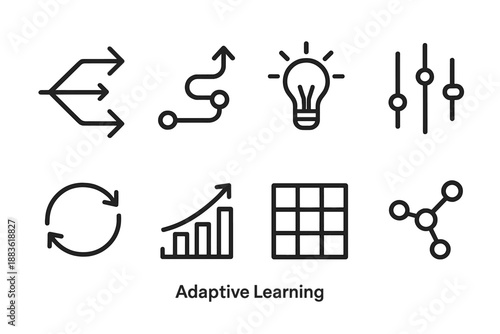 Adaptive Learning Icons. Adaptive Learning set in outline vector style: shifting arrows, learning pathway, insight spark, adjustable slider, feedback loop, growth chart, adaptive grid, evolving node