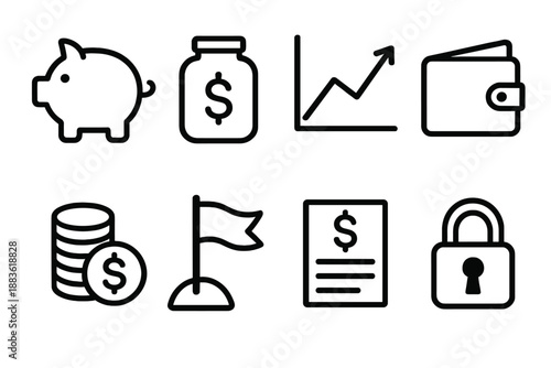 Financial Icons Collection. Financial independenceset in outline vector style piggy bank, savings jar, investment graph, wallet icon, coin stack, goal flag, budget sheet, secure lock