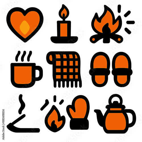 Cozy Comfort Icons. Warm Tokens icon set in silhouette bold style. Contain glowing hearth, candle flame, campfire, sun icon, hot drink, knitted blanket, warm