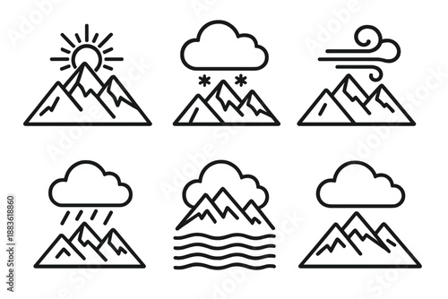 Weather Icon Set. Mountainscape weather set in outline vector style: sunburst over peaks, cloud bank, snowfall, wind gust, storm front, mist veil