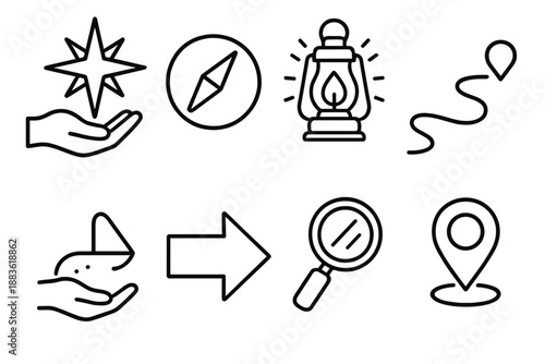 Guiding Icons Illustration. Guidance set in outline vector style: guiding star, compass needle, lantern glow, open path line, supportive hand, direction arrow, clarity lens, waypoint marker