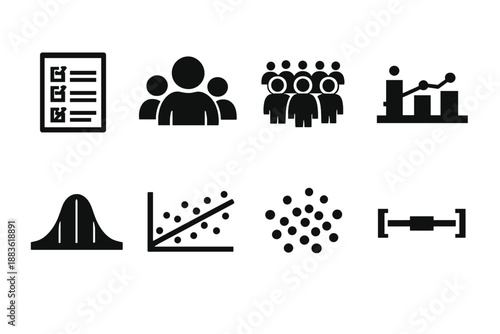 Statistics Icon Set. Research statistics icon set in silhouette bold style. Contain survey sheet, sample icon, population icon, mean median mode chart, bell