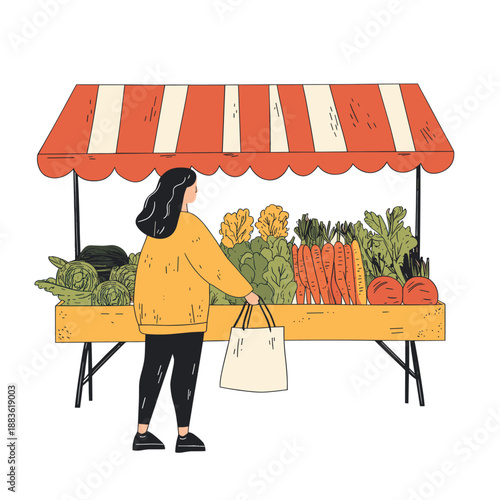 Woman Shopping for Fresh Vegetables at a Colorful Market