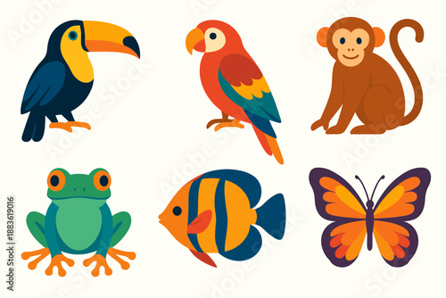 Vibrant Tropical Icons. Tropical wildlife vector set in modern flat style : toucan, parrot, monkey, tree frog, tropical fish, butterfly