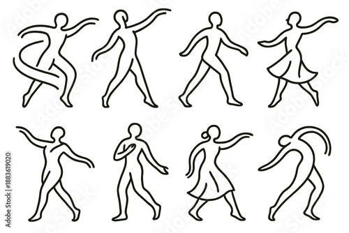 Expressive Dance Icons. Expressive Human Motion set in outline vector style: dance swirl, flowing arm line, graceful step, turning shape, open gesture, storytelling pose, emotive curve, rhythmic arc