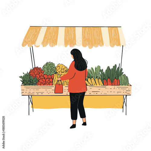 Woman Shopping for Fresh Vegetables at a Colorful Market