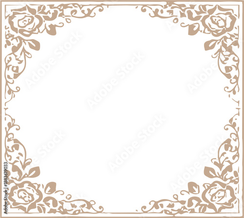 A striking black background is bordered by an elegant beige floral frame with roses and flowing ornamental vines, creating a refined vintage look with a spacious empty center.