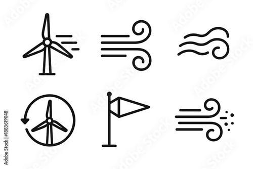 Wind Energy Icons. Harvesting Energy wind set in outline vector style: turbine blade, gust lines, airflow curve, rotating ring, wind vane, motion dots
