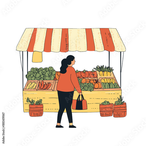 Woman Shopping for Fresh Vegetables at a Colorful Market