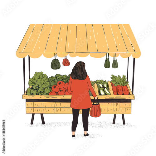 Woman Shopping for Fresh Vegetables at a Colorful Market