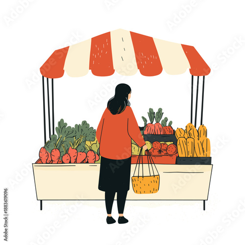 Woman Shopping for Fresh Vegetables at a Colorful Market