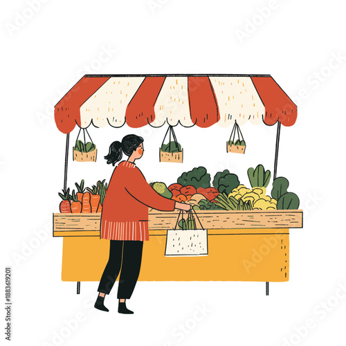 Woman Shopping for Fresh Vegetables at a Colorful Market