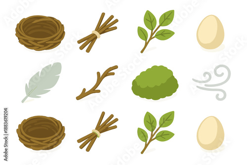 Isometric Nesting Icons. Nesting essentials set in isometric flat vector : woven nest, twig bundle, leaf sprig, small egg, soft feather, branch curve, moss patch, gentle breeze swirl