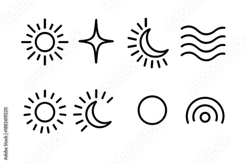 Radiant Energy Icons. Radiant Energy set in outline vector style: glowing orb, outward rays, bright spark, wave lines, warm halo, luminous dot, radiant arc, energy pulse