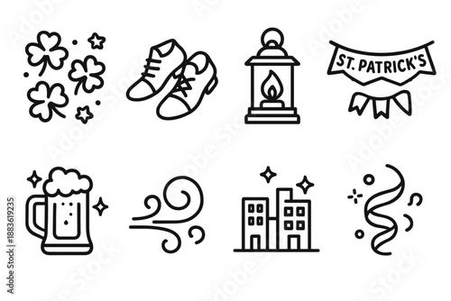 St. Patrick's Day Icons. St. Patrick’s Day Festive Vibes set in outline vector style: clover confetti, dancing shoes, warm lantern, cheerful banner, sparkling