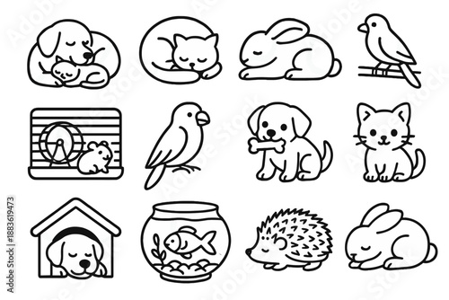 Animal Comfort Icons. Animal Comfort set in outline vector style : dog snuggling, cat curled up, rabbit resting, bird on branch, hamster in cage, parrot, puppy