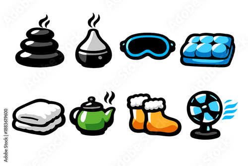 Relaxation Icons Set. Relaxation essentials icon set in silhouette bold style. Contain massage stones, aroma diffuser, sleep mask, cushioned mattress, fluffy