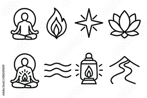 Spiritual Icons Harmony. Spiritual Inner Light set in outline vector style: meditative figure, sacred flame, guiding star, aura circle, lotus bloom, calm wave, inner lantern, elevated path