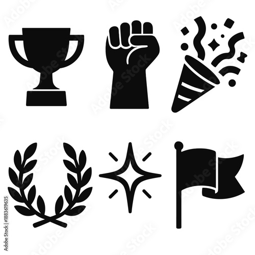 Brutalist Victory Icons. Winning moment icon set in silhouette bold style. Contain trophy cup, raised fist, celebration confetti, laurel wreath, shining star, victory flag