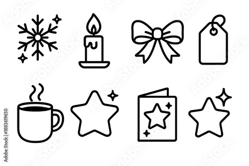 Festive Icon Set. Seasonal Warm Wishes set in outline vector style: snowflake glow, candle flame, festive ribbon, gift tag, warm mug, soft star, greeting card, gentle shimmer