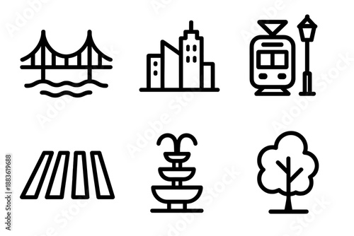 Urban Cityscape Icons. Cityscape Icons set in outline vector style : bridge, city skyline, tram, lamppost, crosswalk, fire hydrant, fountain, urban tree