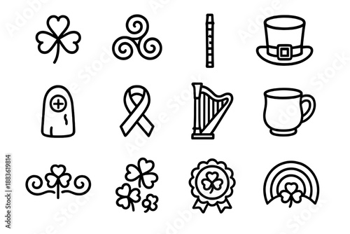 St. Patrick's Icons. St. Patrick’s Day Symbols set in outline vector style: shamrock trio, Celtic spiral, traditional tin whistle, folklore hat, ancient stone