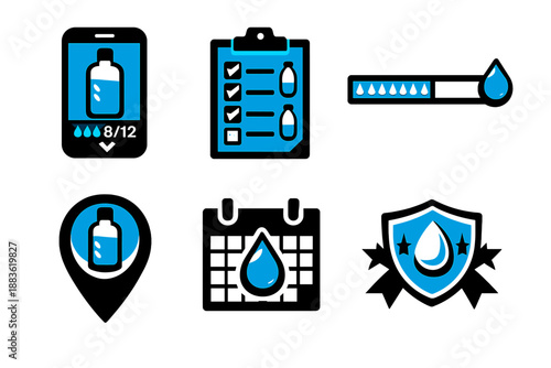 Bold Hydration Icons. Hydration tracking icon set in silhouette bold style. Contain mobile app screen, intake checklist, progress bar, daily goal marker, calendar drop, achievement badge