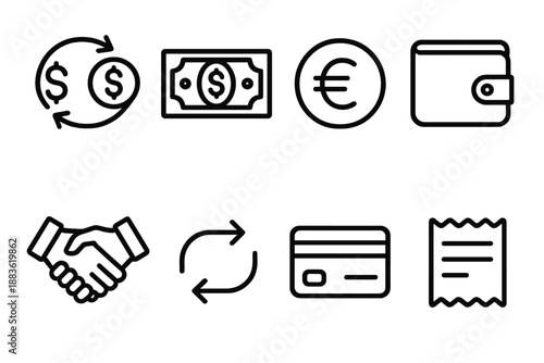 Currency Exchange Icons. Exchangeset in outline vector style currency exchange sign, dollar bill, euro coin, wallet, handshake, arrows, credit card, receipt