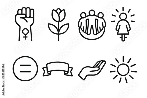Women's Day Icons. International Women’s Day Celebration Elements set in outline vector style: raised hand symbol, blooming flower, unity circle, empowerment