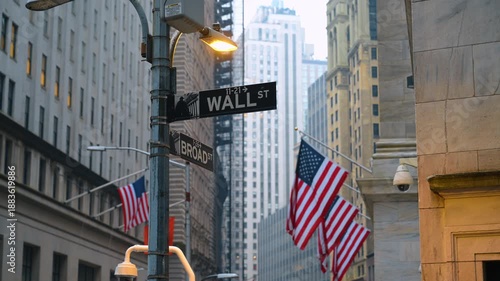 Road signs directing to Wall Street and Broad Street in New York, USA. American flags hang on the facades of the buildings at backdrop.