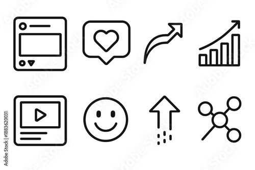 Digital Promotion Icons. Digital Brand Promotion set in outline vector style: social post frame, engagement bubble, share arrow, analytics bar, content tile, reaction icon, reach line, network node