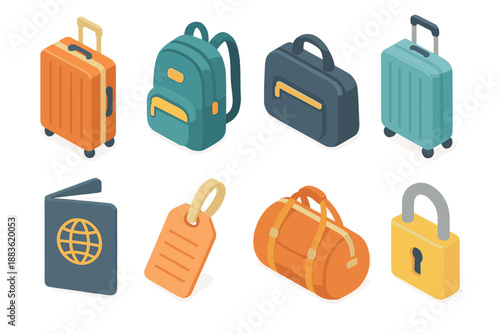 Isometric Luggage Icons. Luggage set in isometric flat vector : suitcase, backpack, travel bag, trolley, passport, luggage tag, duffel bag, lock