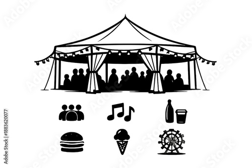 Pop-Up Festival Tent. Festival tentset in outline vector style pop up tent, fabric canopy, crowd area, string lights, entry flap, shaded zone