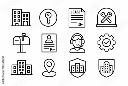 Urban Housing Icon Set. Urban Housing Services set in outline vector style: house block, key emblem, lease paper, maintenance arc, mailbox tile, contract