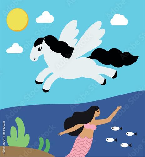 a pegasus flies in the sky while a mermaid is in the sea