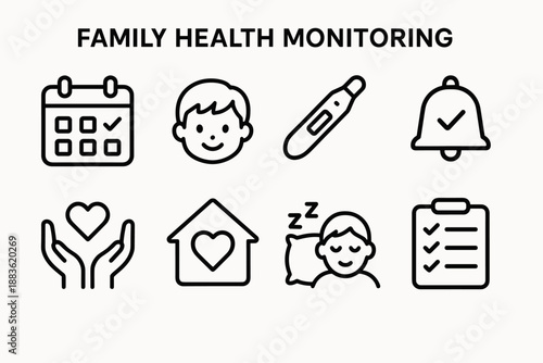 Family Health Essentials. Family Health Monitoring set in outline vector style: shared calendar check, child wellness icon, temperature strip, medication